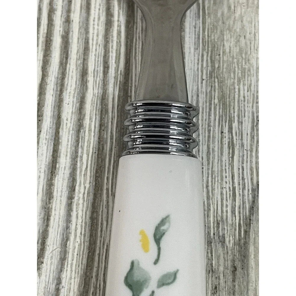 Vintage Ivy Leaf Pattern Stainless Steel Salad Fork Set White Ceramic Handle 2pc